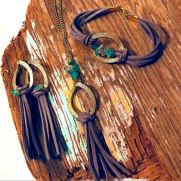 ✨Handmade Set ✨ New Earrings + Bracelet + Necklace Green Stone Leather Gold Aqua - Picture 1 of 4